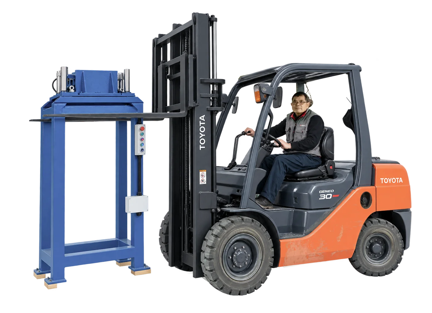 Toyota forklift carrying a blue steel fixture